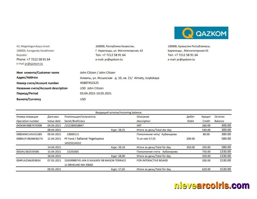 Kazakhstan Qazkom bank statement easy to fill in Excel and PDF format
